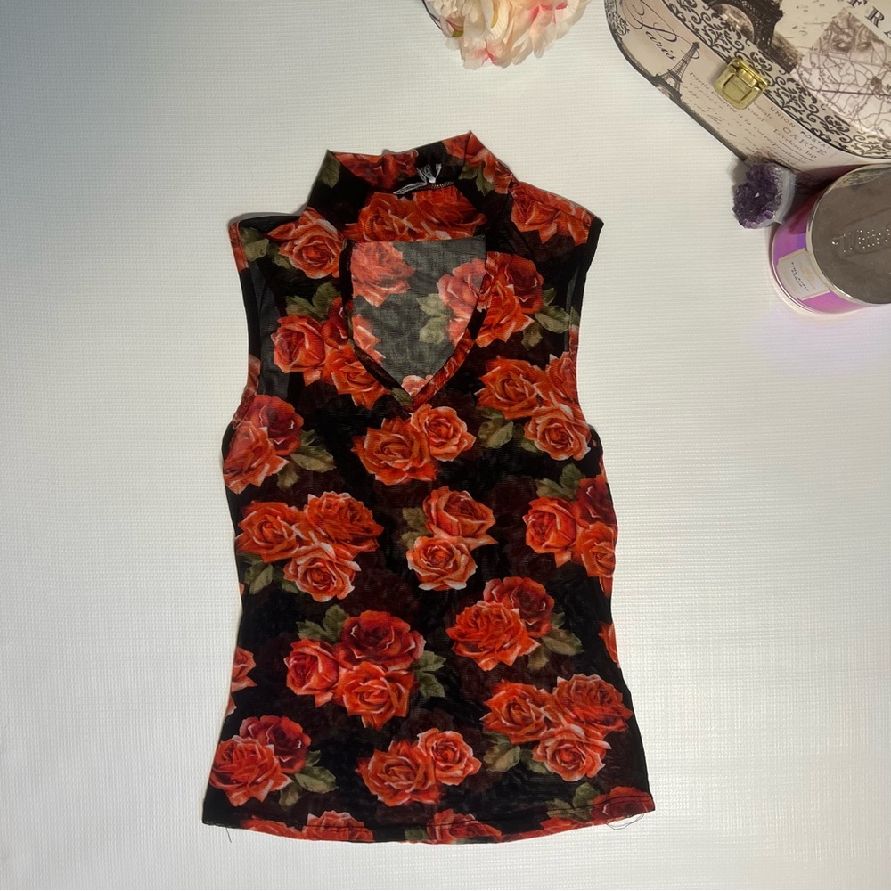 Mesh Black Tank Top with Rose Pattern